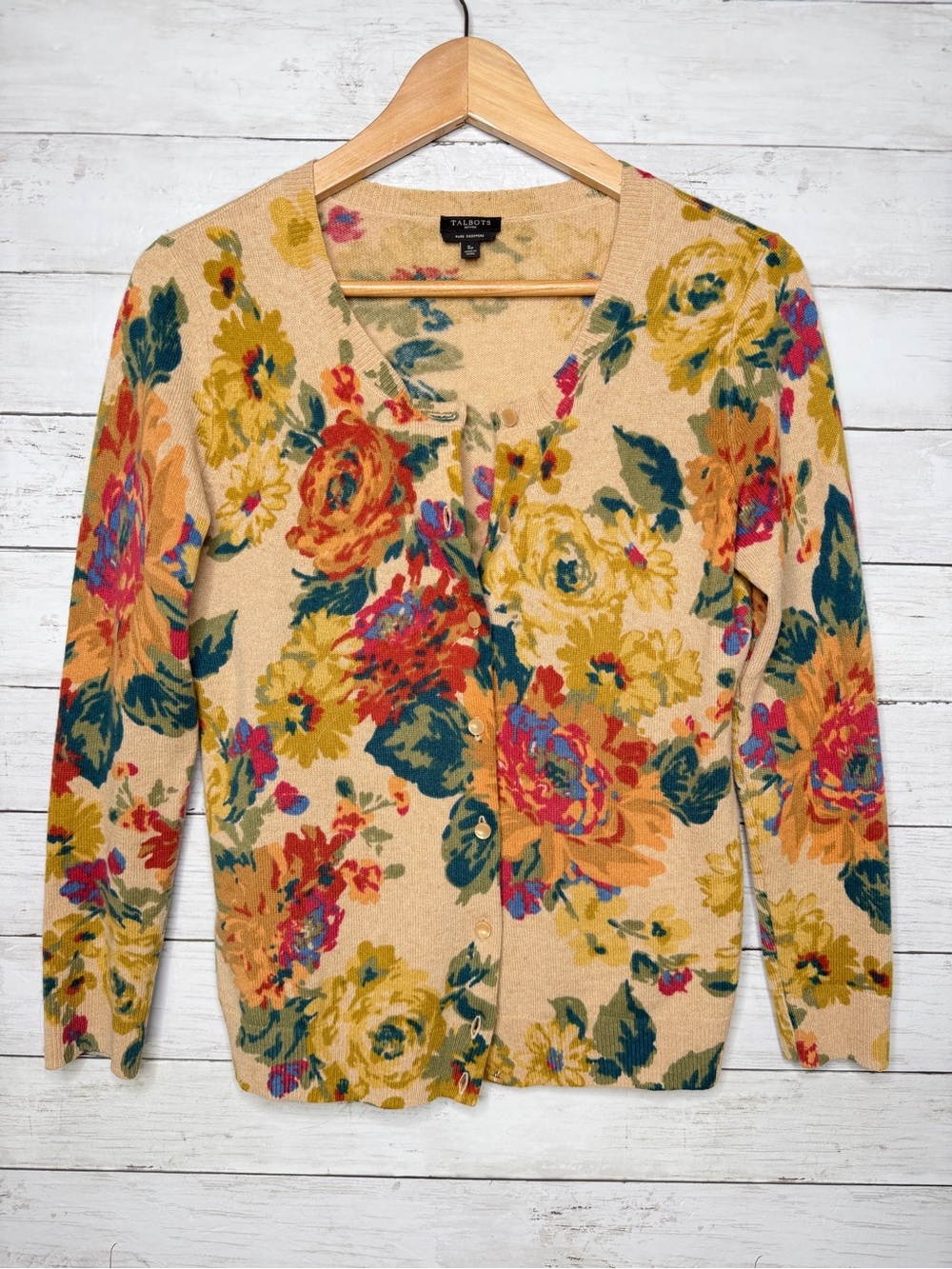 Talbots 100% Pure Cashmere Antique Floral Print Cardigan Sweater SP